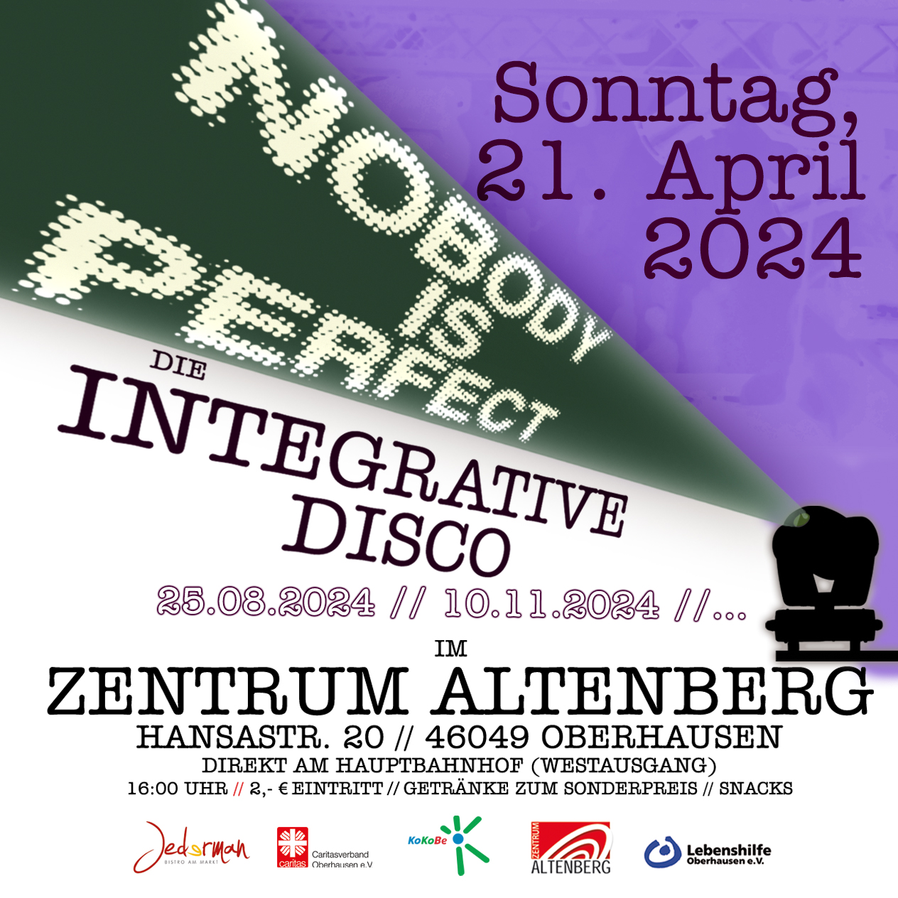 Ankündigungsbild zur Disco Nobody is Perfect am 21. April 2024